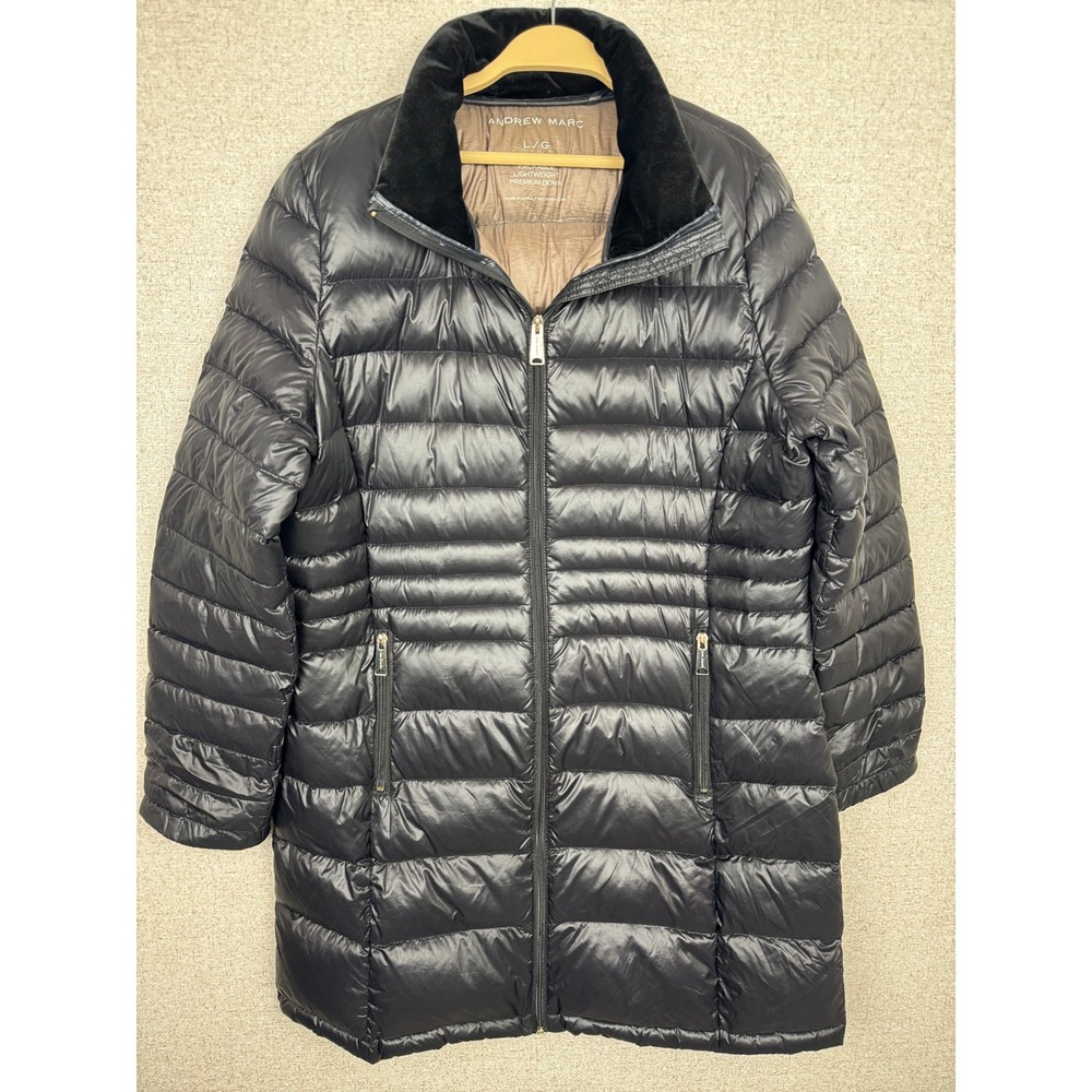 Andrew Marc Black Packable Down Long Puffer Coat Velvet Collar Women's Large